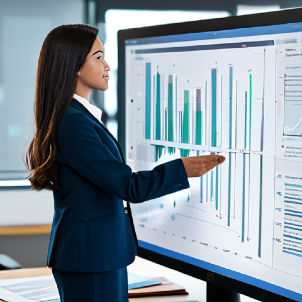 A confident female professional, fully clothed in a modest business suit, standing in a sleek, modern office. She is looking at and interacting with a translucent, holographic user interface displaying complex, streamlined data flow visualizations. In the soft, blurred background, a traditional desk with a few neatly stacked, receding paper documents suggests a past era, conveying a shift from manual burden to efficient digital processes. Perfect anatomy, correct proportions, natural pose, well-formed hands, proper finger count, natural body proportions. Professional photography, high quality, safe for work, appropriate content, family-friendly.