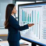 A confident female professional, fully clothed in a modest business suit, standing in a sleek, modern office. She is looking at and interacting with a translucent, holographic user interface displaying complex, streamlined data flow visualizations. In the soft, blurred background, a traditional desk with a few neatly stacked, receding paper documents suggests a past era, conveying a shift from manual burden to efficient digital processes. Perfect anatomy, correct proportions, natural pose, well-formed hands, proper finger count, natural body proportions. Professional photography, high quality, safe for work, appropriate content, family-friendly.