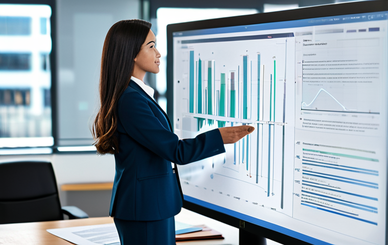 A confident female professional, fully clothed in a modest business suit, standing in a sleek, modern office. She is looking at and interacting with a translucent, holographic user interface displaying complex, streamlined data flow visualizations. In the soft, blurred background, a traditional desk with a few neatly stacked, receding paper documents suggests a past era, conveying a shift from manual burden to efficient digital processes. Perfect anatomy, correct proportions, natural pose, well-formed hands, proper finger count, natural body proportions. Professional photography, high quality, safe for work, appropriate content, family-friendly.