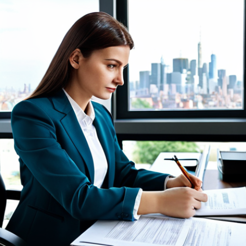 Home 22 **
"A professional woman in a fully clothed, modest business suit, sitting at a desk in a bright, modern office. She is reviewing documents, with a focused and intelligent expression. The background includes bookshelves and a window overlooking a cityscape. Safe for work, appropriate content, perfect anatomy, correct proportions, natural pose, well-formed hands, proper finger count, professional atmosphere, high quality."
**