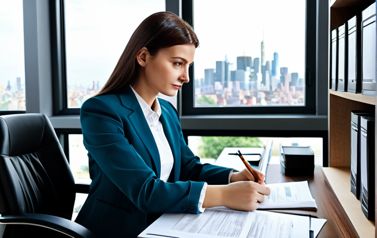 **

"A professional woman in a fully clothed, modest business suit, sitting at a desk in a bright, modern office. She is reviewing documents, with a focused and intelligent expression. The background includes bookshelves and a window overlooking a cityscape. Safe for work, appropriate content, perfect anatomy, correct proportions, natural pose, well-formed hands, proper finger count, professional atmosphere, high quality."

**