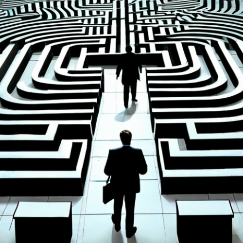 Home 13 Regulatory Maze**
A person stands at the entrance of a vast, complex maze constructed of legal documents and bureaucratic forms. The scene is brightly lit, but the maze casts long, confusing shadows. Focus on conveying a sense of overwhelming complexity and the need for guidance. "Brazilian regulatory environment," "compliance," "business challenges," "paperwork," "intricate details," "professional illustration," "high resolution," "safe for work," "appropriate content," "fully clothed," "professional."
**