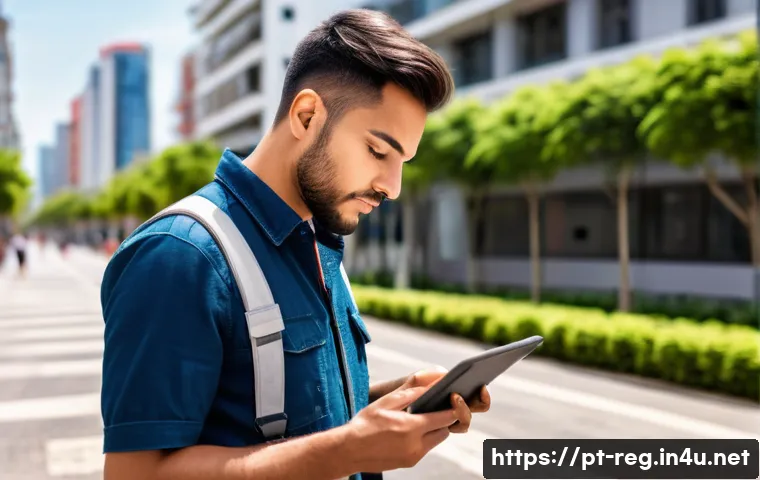 규제요원 업무에 적합한 필수 앱 추천 - A professional field inspector using a smartphone app outdoors in a Brazilian urban environment, wea...