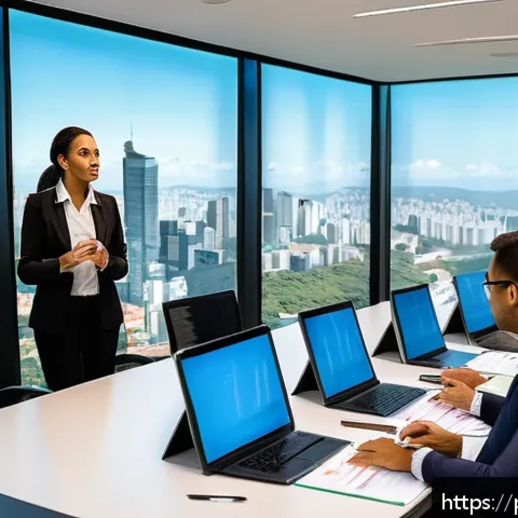 규제요원들이 자주 묻는 질문과 답변 - A modern Brazilian corporate office environment showing a diverse team of professionals engaged in a...