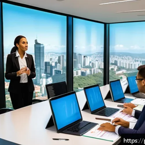 규제요원들이 자주 묻는 질문과 답변 - A modern Brazilian corporate office environment showing a diverse team of professionals engaged in a...