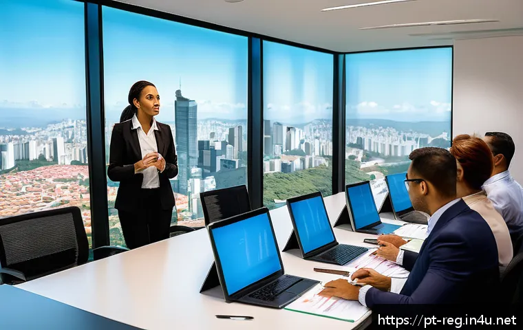 규제요원들이 자주 묻는 질문과 답변 - A modern Brazilian corporate office environment showing a diverse team of professionals engaged in a...