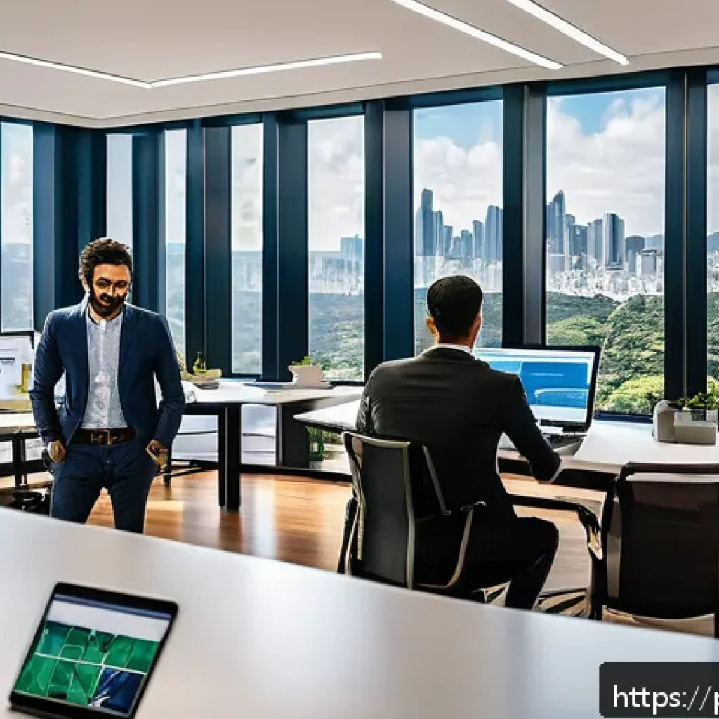 규제요원의 강점 발굴법 - A modern office scene showing diverse Brazilian fintech startup founders collaborating with governme...
