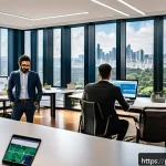 규제요원의 강점 발굴법 - A modern office scene showing diverse Brazilian fintech startup founders collaborating with governme...