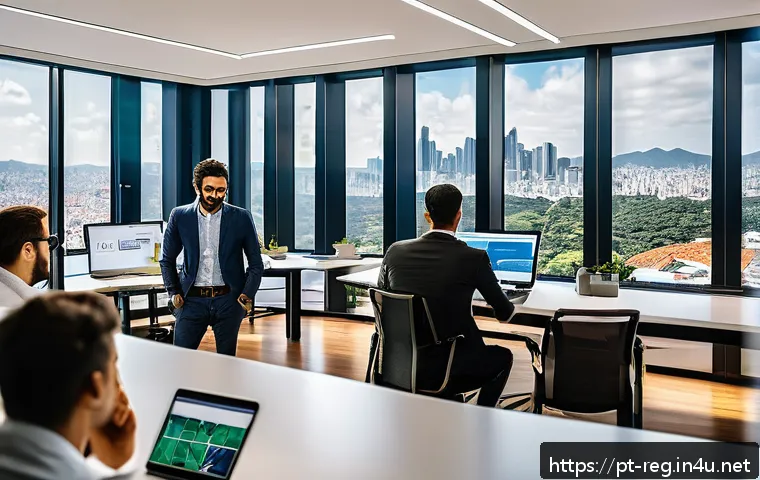규제요원의 강점 발굴법 - A modern office scene showing diverse Brazilian fintech startup founders collaborating with governme...