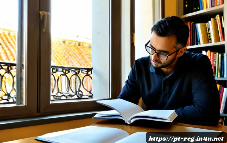 Home 17 규제 관련 논문 및 연구자료 추천 - Photorealistic university researcher in a bright Lisbon library, thoughtfully comparing two open aca...